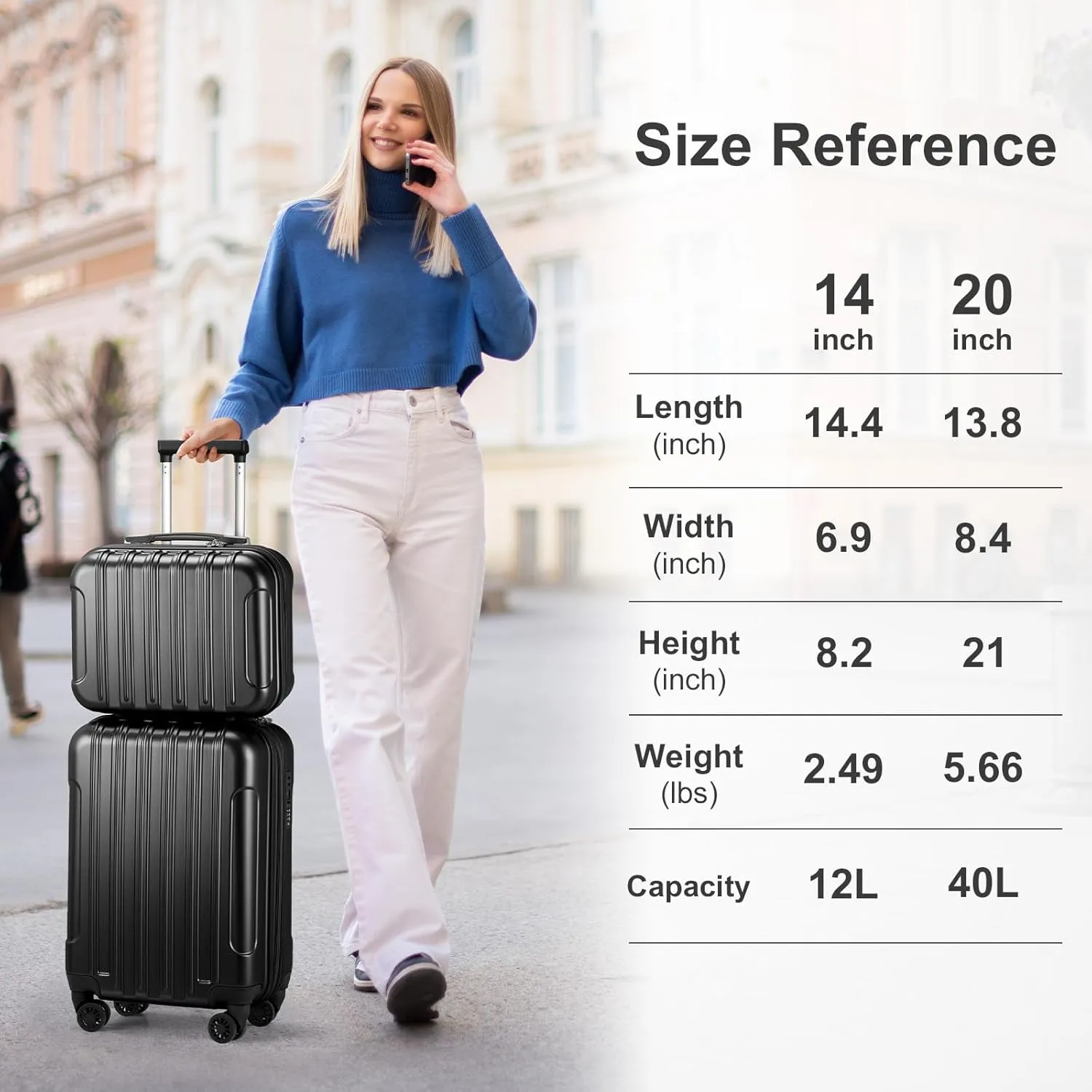 2 Piece Luggage Sets,20 Inch Expandable Carry On Suitcase,Durable Rolling Hardshell PC Suitcase,Lightweight Luggage,with 14" Mini Cosmetic Cases,for Men and Women (Black)