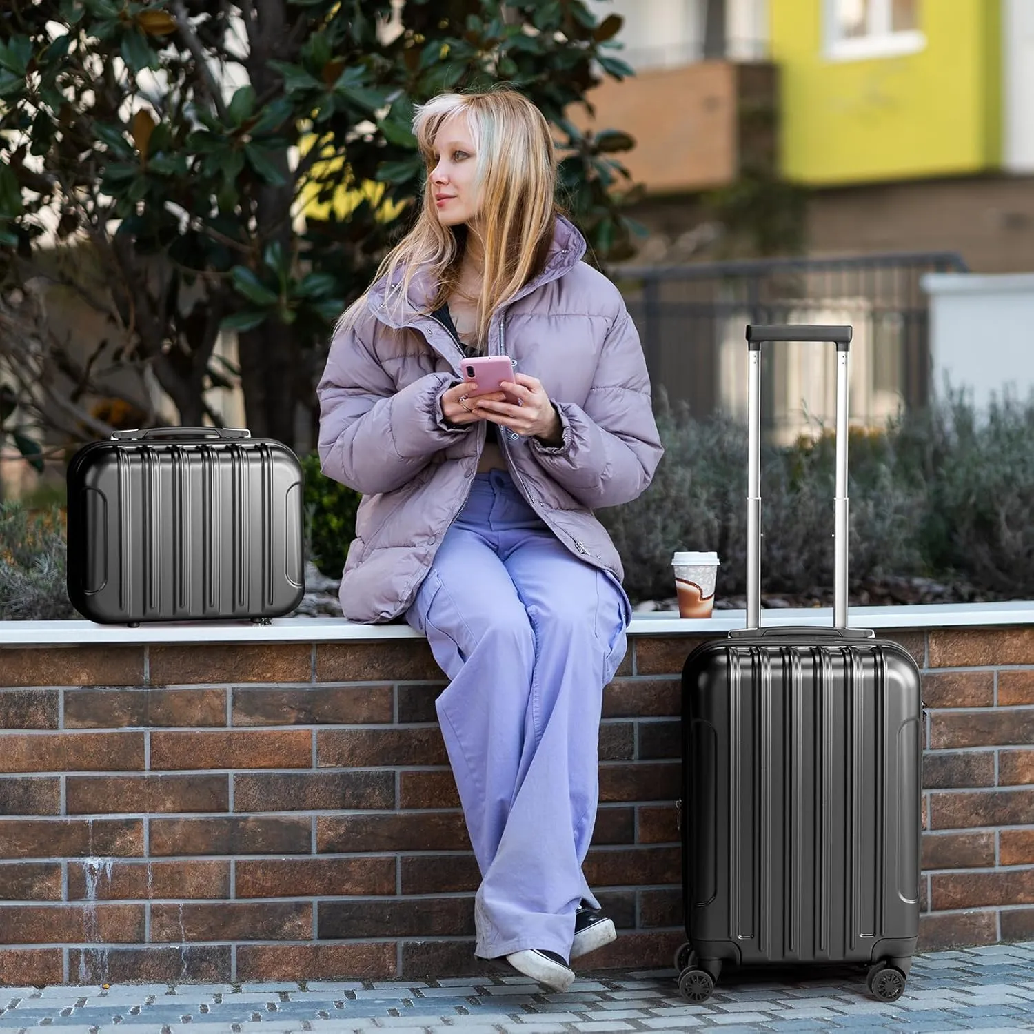 2 Piece Luggage Sets,20 Inch Expandable Carry On Suitcase,Durable Rolling Hardshell PC Suitcase,Lightweight Luggage,with 14" Mini Cosmetic Cases,for Men and Women (Black)