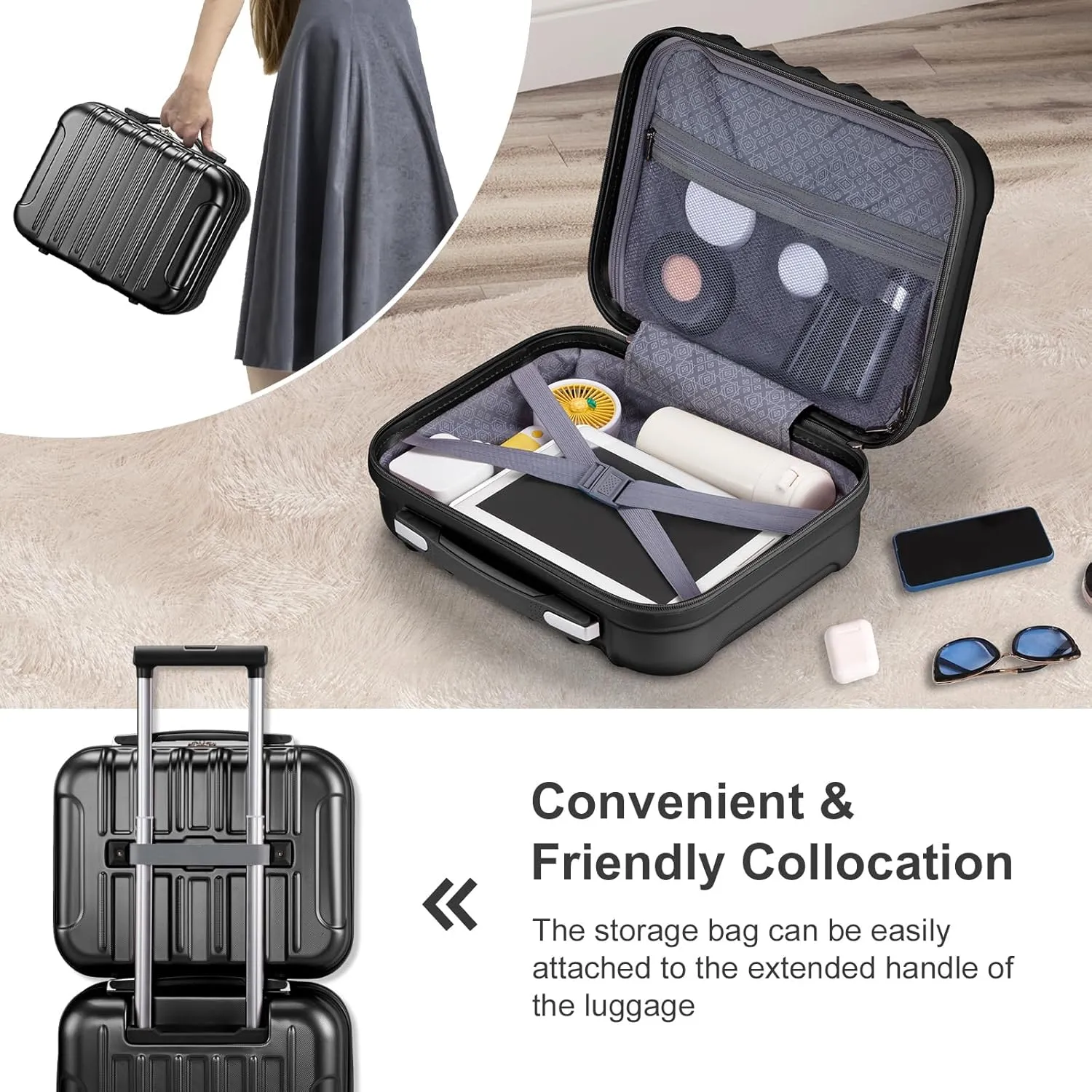 2 Piece Luggage Sets,20 Inch Expandable Carry On Suitcase,Durable Rolling Hardshell PC Suitcase,Lightweight Luggage,with 14" Mini Cosmetic Cases,for Men and Women (Black)