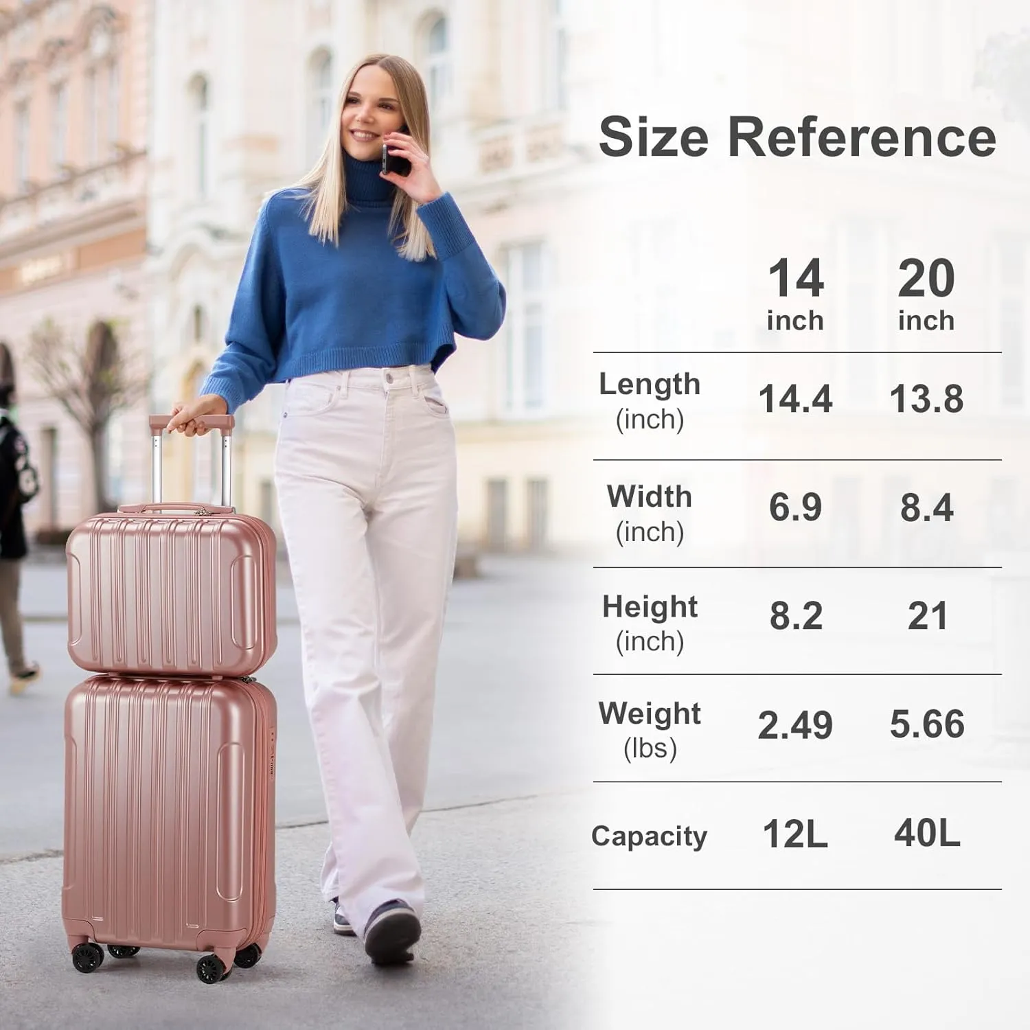 2 Piece Luggage Sets,20 Inch Expandable Carry On Suitcase,Durable Rolling Hardshell PC Travel Suitcase,Lightweight Luggage,with 14" Mini Cosmetic Cases,for Men and Women (Ross Gold)