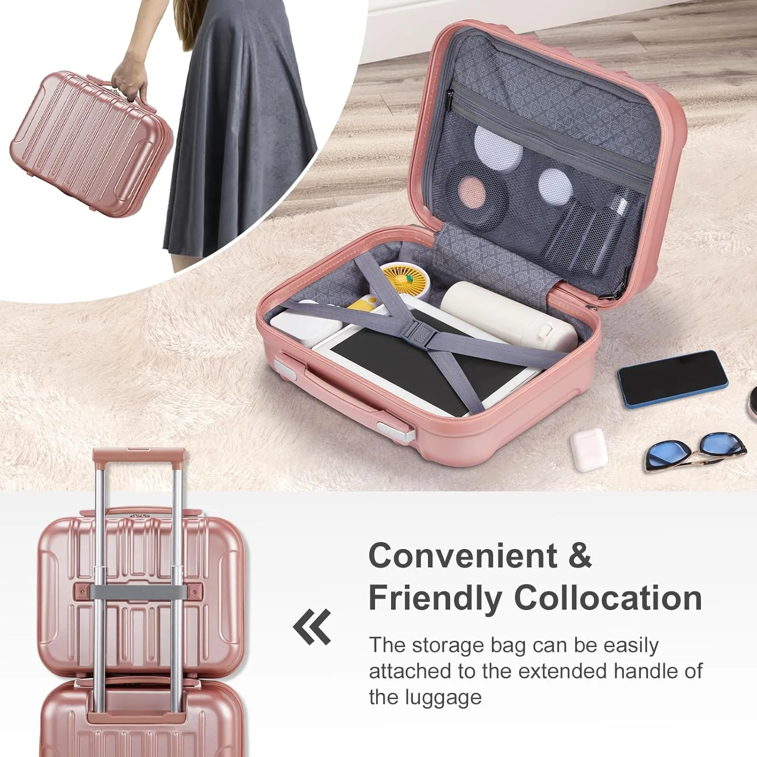 2 Piece Luggage Sets,20 Inch Expandable Carry On Suitcase,Durable Rolling Hardshell PC Travel Suitcase,Lightweight Luggage,with 14" Mini Cosmetic Cases,for Men and Women (Ross Gold)
