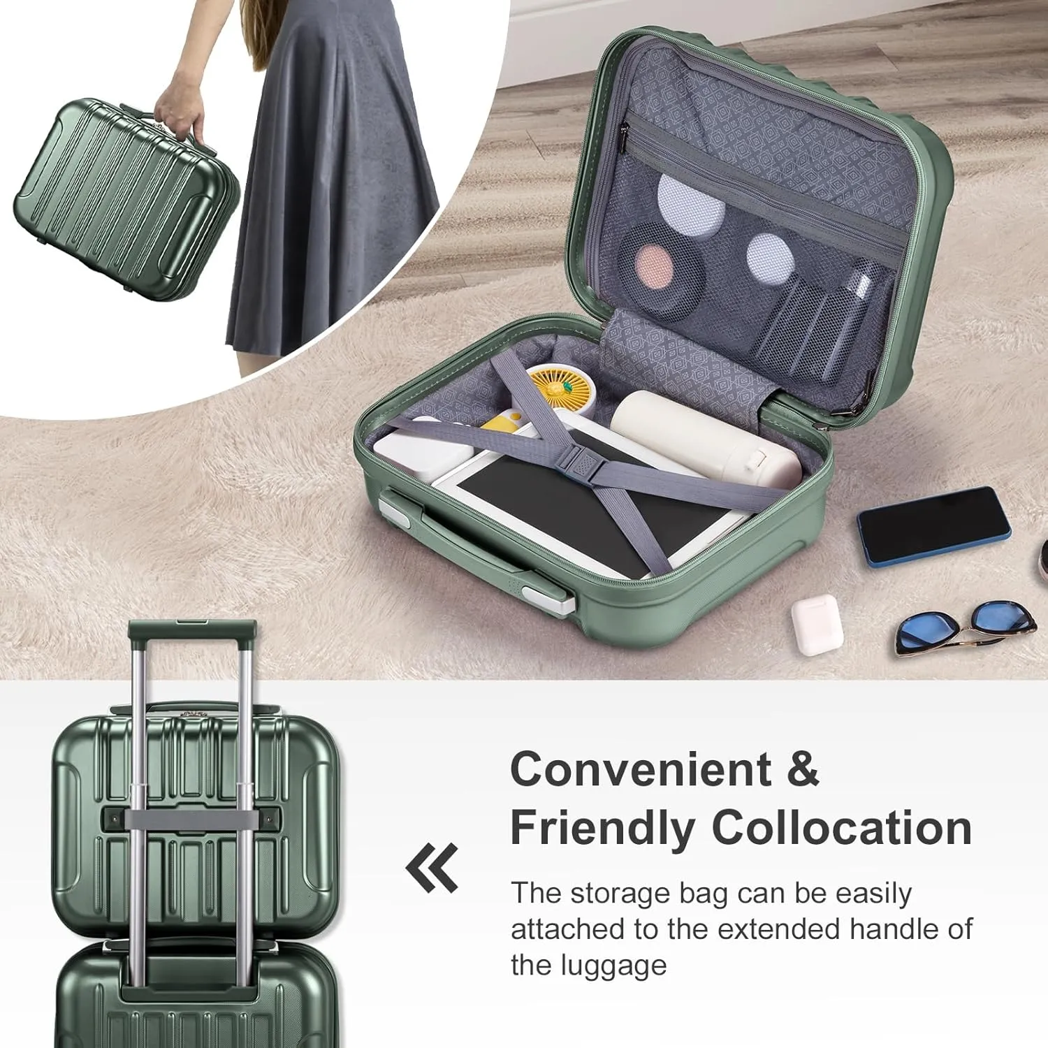 2 Piece Luggage Sets,20 Inch Expandable Carry On Suitcase,Durable Suitcase Rolling Luggage,Hardshell PC Travel Lightweight,with 14" Mini Cosmetic Cases,for Men and Women (Dark Green)