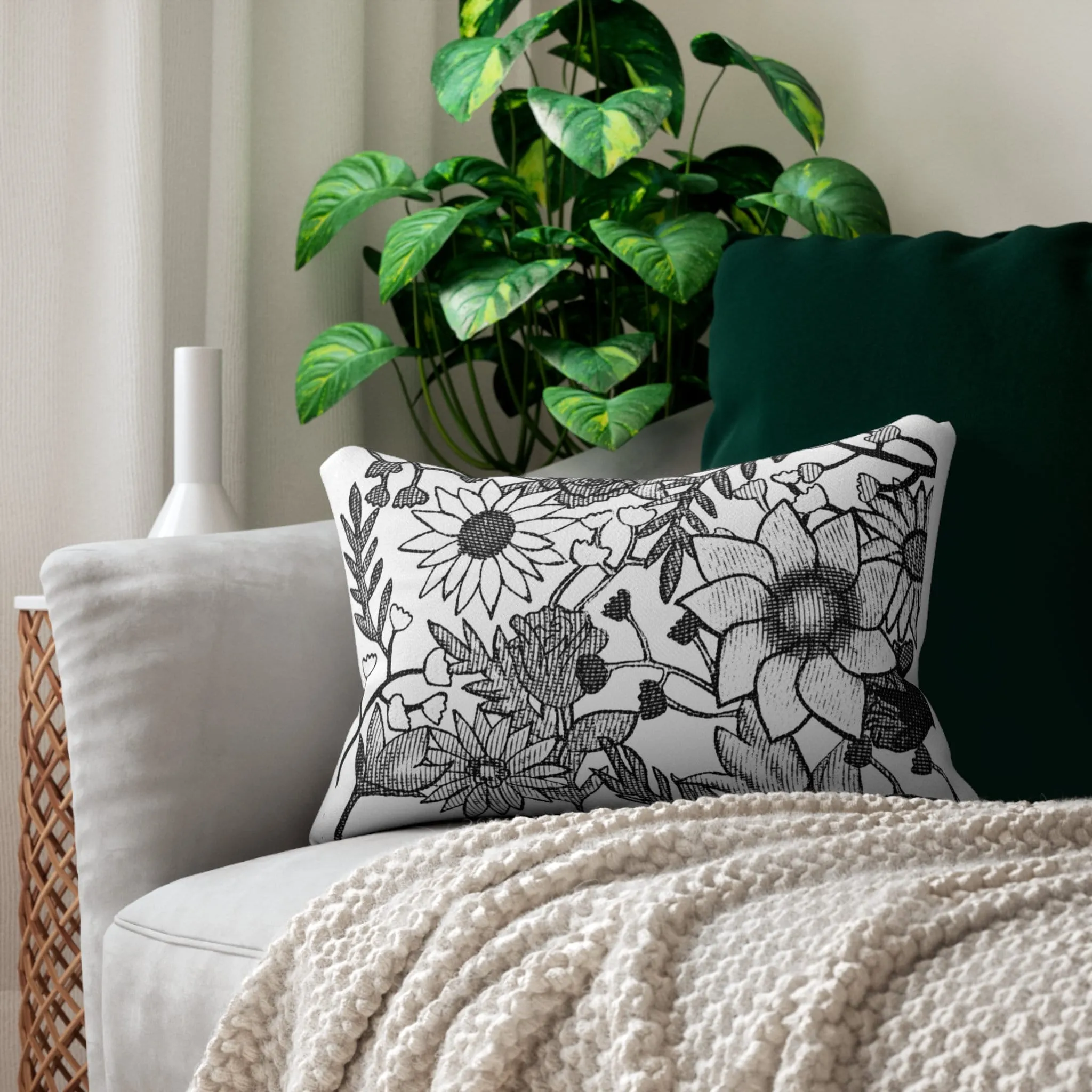 Black and White Elegant Hand Sketched Floral Art Lumbar Pillow