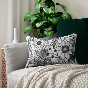 Black and White Elegant Hand Sketched Floral Art Lumbar Pillow