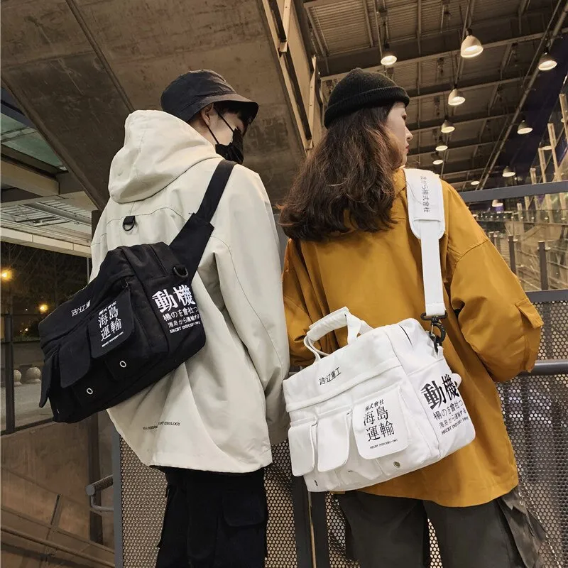 Canvas Letter Print Hip Hop Shoulder Bags Japan Style Multiple Pockets Messenger Package Travel Casual Student Men Bag Handbag