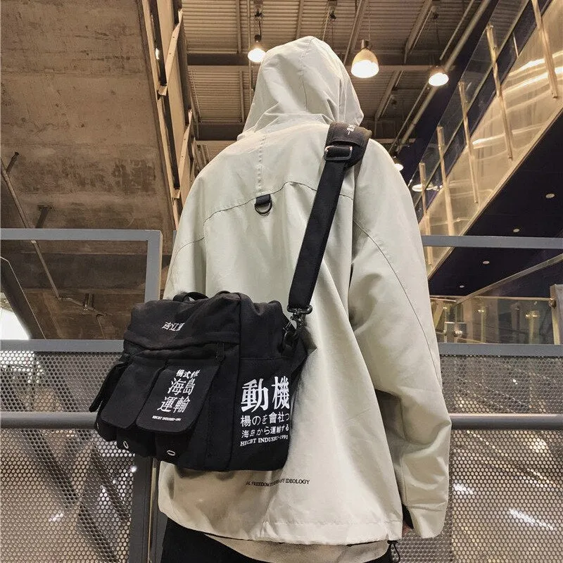 Canvas Letter Print Hip Hop Shoulder Bags Japan Style Multiple Pockets Messenger Package Travel Casual Student Men Bag Handbag
