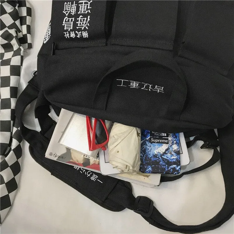 Canvas Letter Print Hip Hop Shoulder Bags Japan Style Multiple Pockets Messenger Package Travel Casual Student Men Bag Handbag