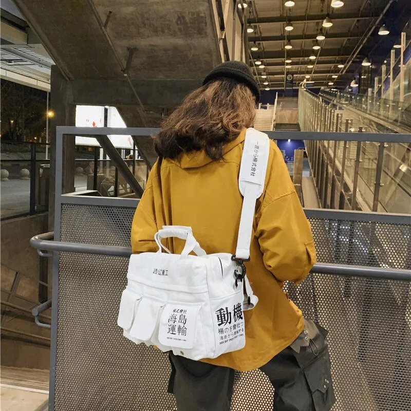 Canvas Letter Print Hip Hop Shoulder Bags Japan Style Multiple Pockets Messenger Package Travel Casual Student Men Bag Handbag