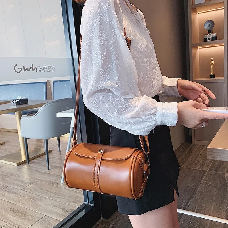 Casual Solid Color Barrel-Shaped Bag PU Leather Designer Handbags