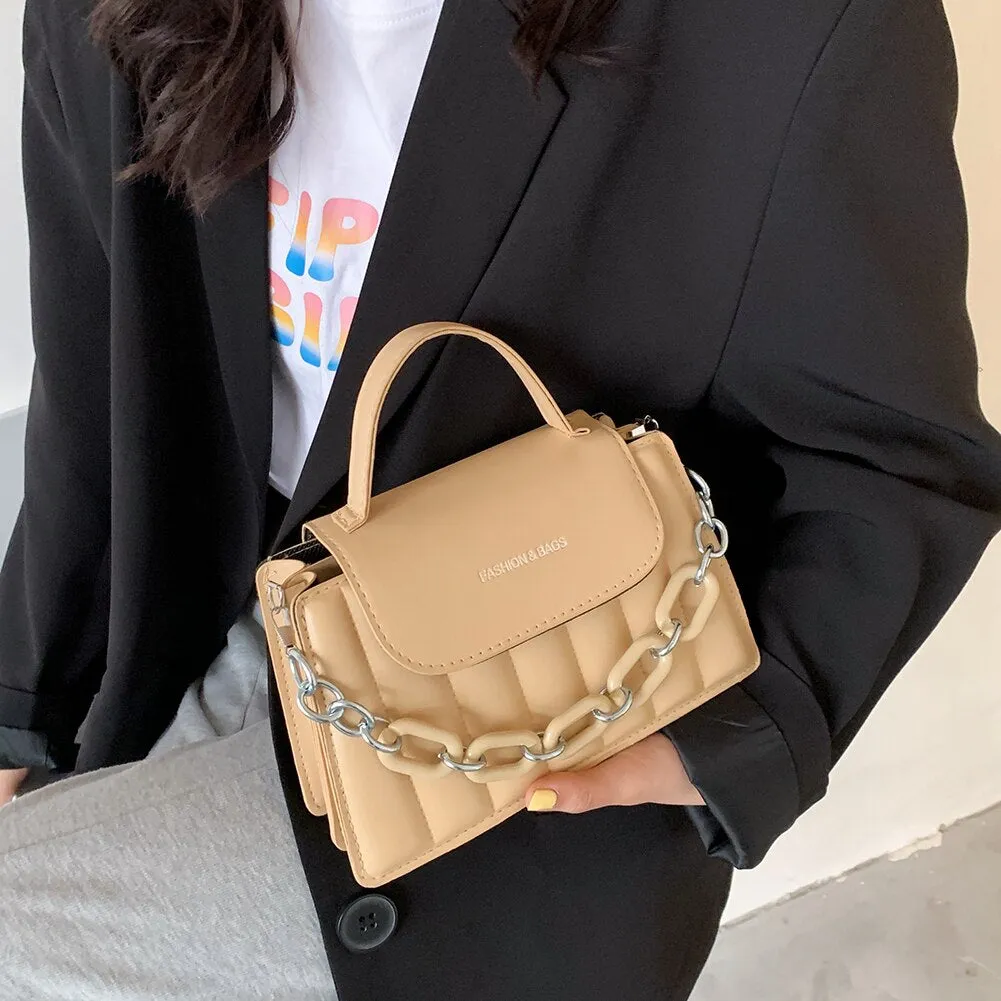Casual Women Pure Color Chain Shoulder Crossbody Bags PU Leather Messenger Bag Fashion Casual Ladies Top-handle Handbag Hot Sale