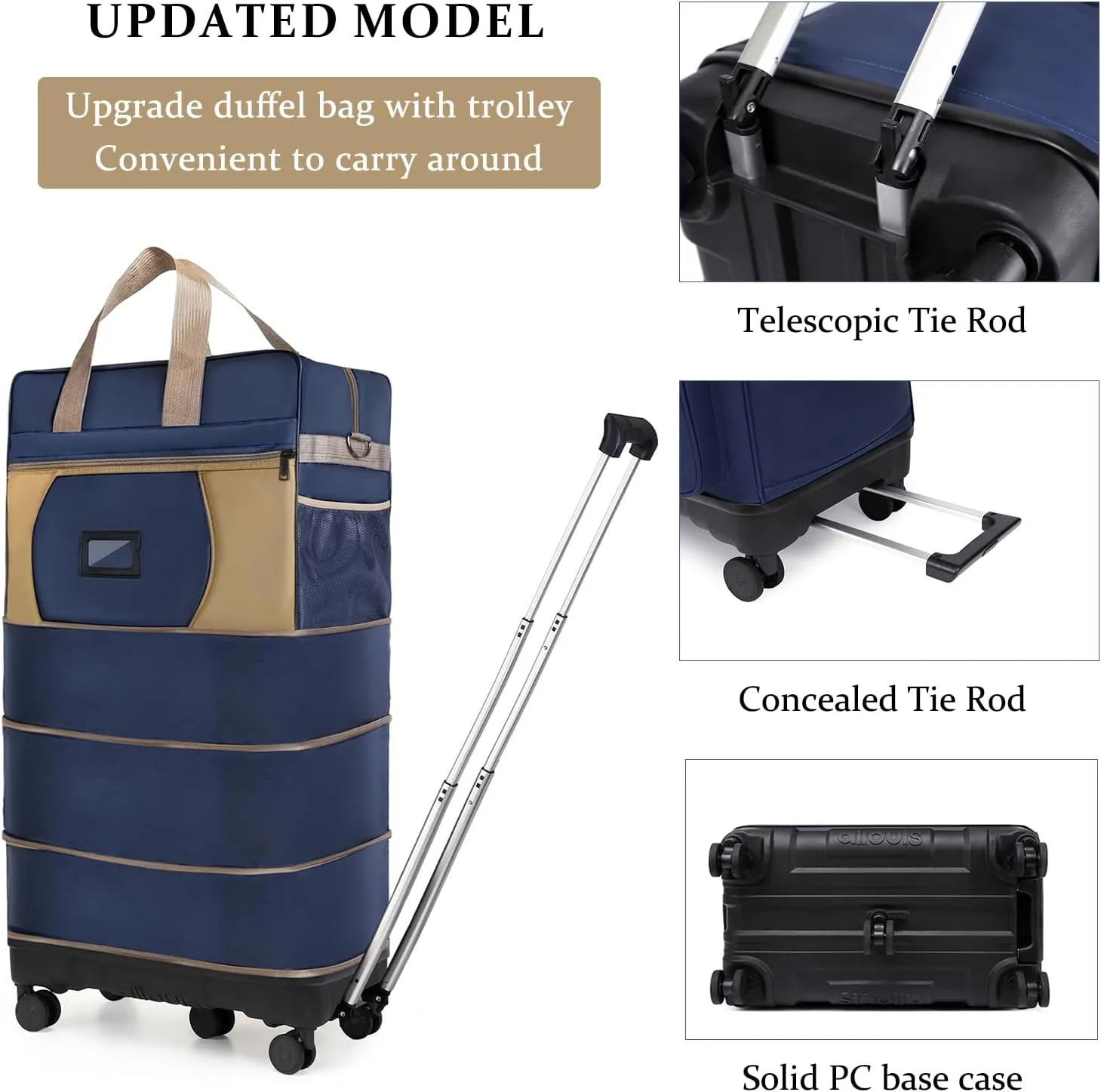 Collapsible Foldable Luggage Bag with Telescoping Handle Expandable Suitcase with Removable Universal Wheels Rolling Large Capacity Travel Bag Duffel Bag for Men Women