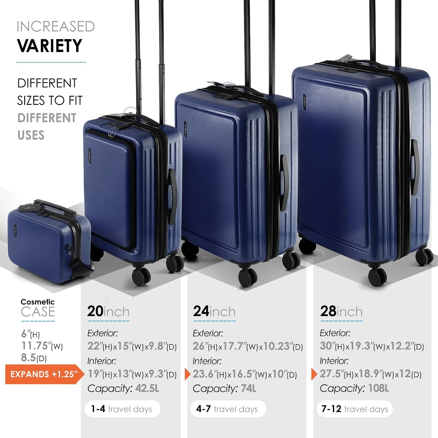 Hard Shell Luggage Sets with Spinner Wheels 4 Piece, Expandable Large Suitcases with TSA Lock, Travel Large Suitcase Set, Navy Luggage Set