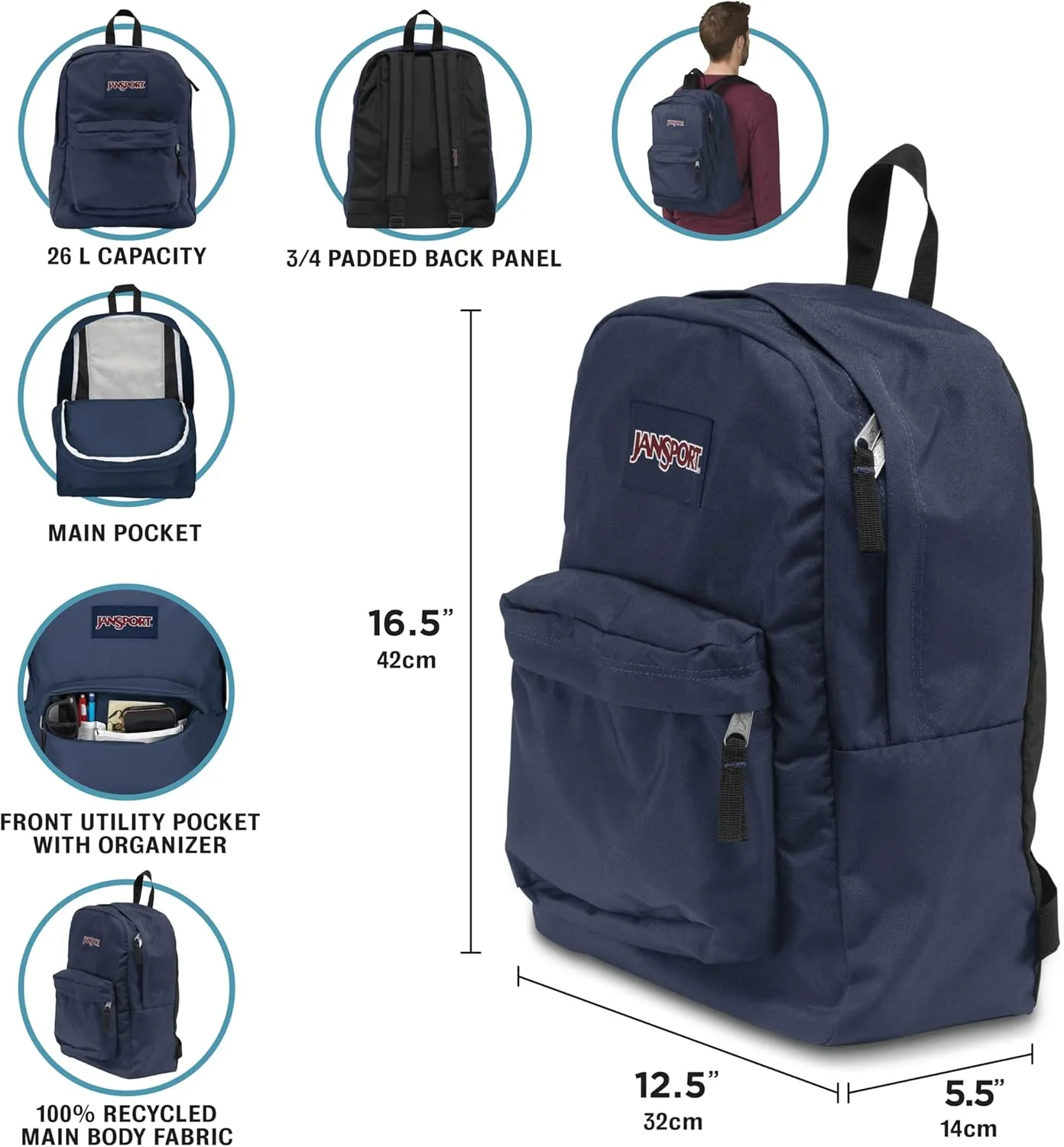JanSport SuperBreak One Backpacks - Durable, Lightweight Bookbag with 1 Main Compartment, Front Utility Pocket with Built-in Organizer - Premium Backpack, Black