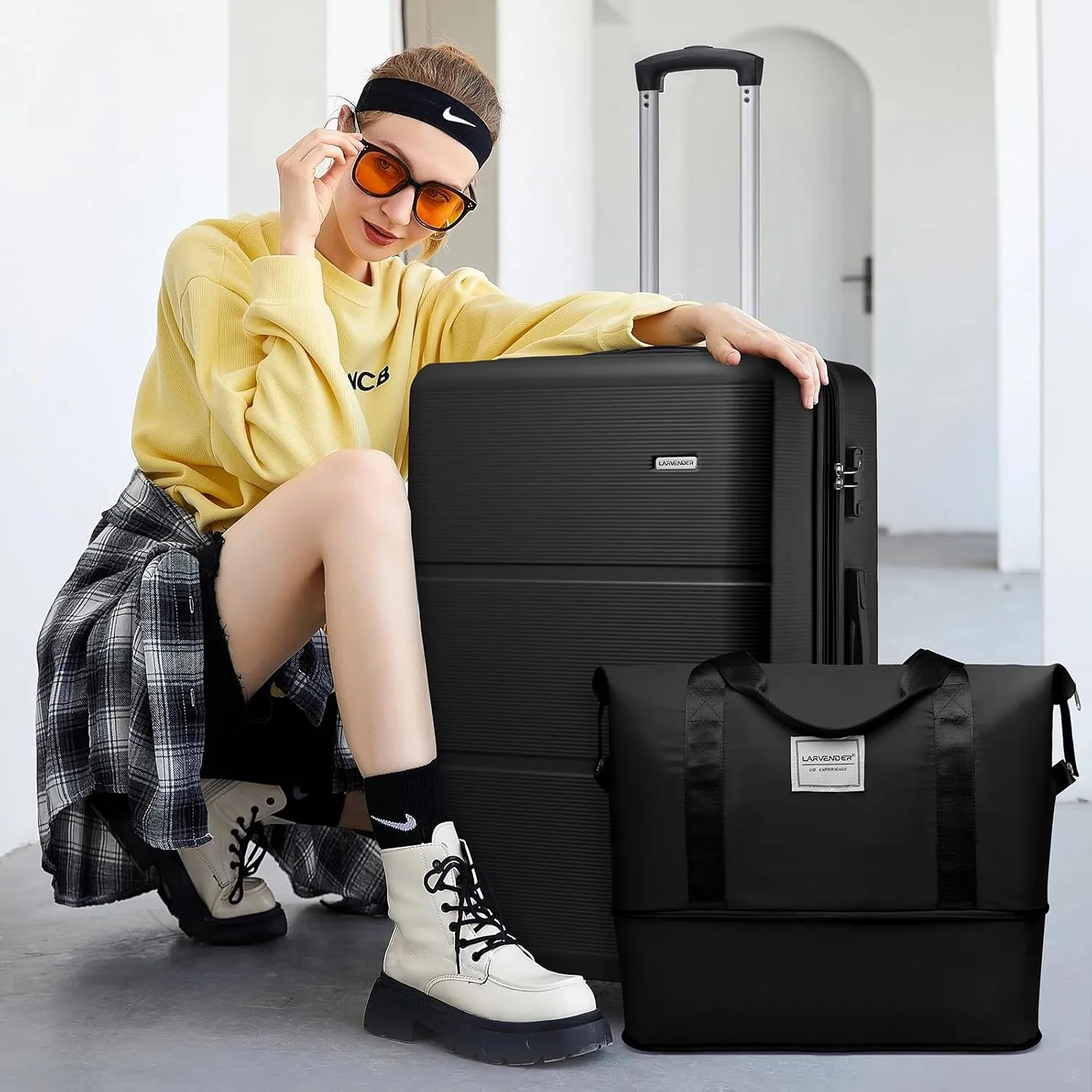 LARVENDER Luggage Sets 5 Piece, Expandable(Only 28in) ABS Suitcase with Duffel Bag 360 Spinner Wheels, Durable Luggage Set Clearance Carry On Suitcase Set For Women Men, Black