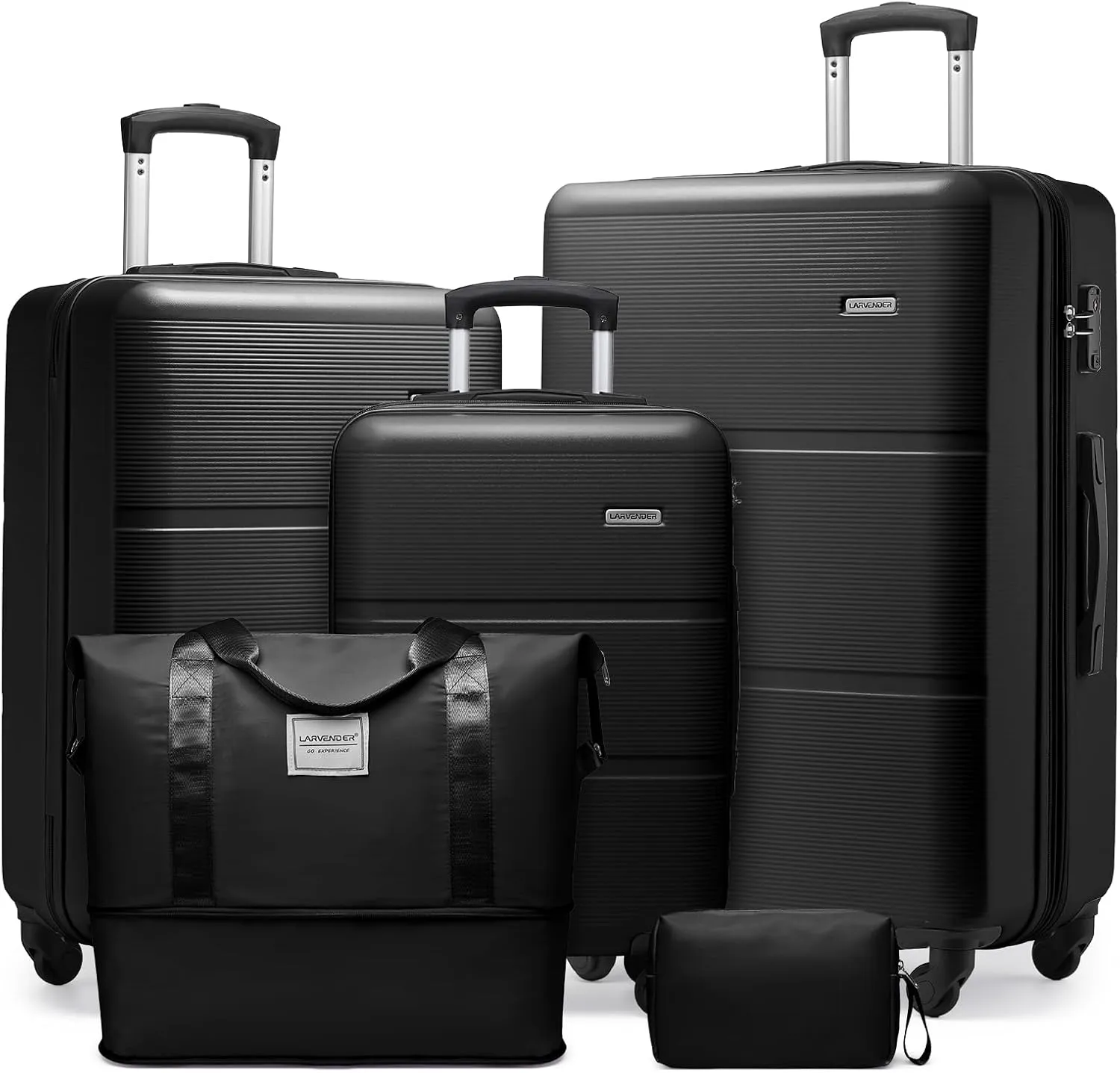 LARVENDER Luggage Sets 5 Piece, Expandable(Only 28in) ABS Suitcase with Duffel Bag 360 Spinner Wheels, Durable Luggage Set Clearance Carry On Suitcase Set For Women Men, Black