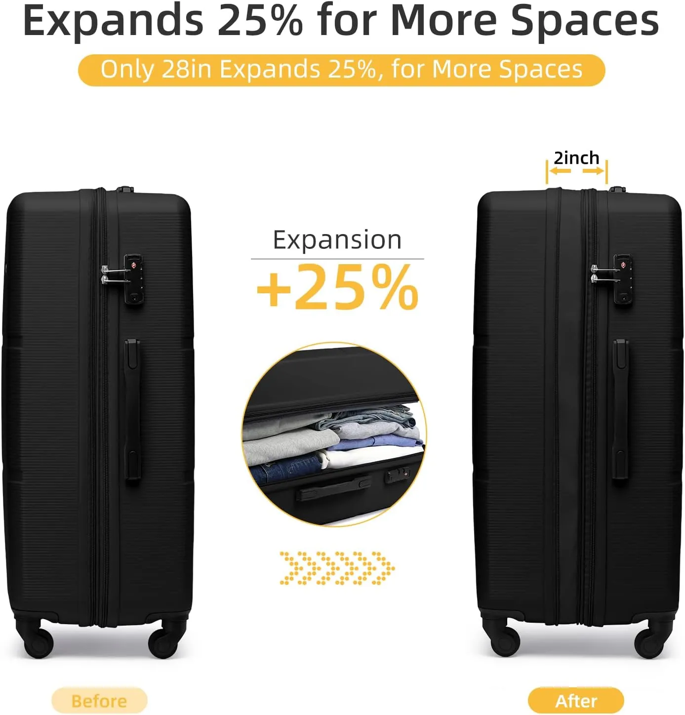 LARVENDER Luggage Sets 5 Piece, Expandable(Only 28in) ABS Suitcase with Duffel Bag 360 Spinner Wheels, Durable Luggage Set Clearance Carry On Suitcase Set For Women Men, Black