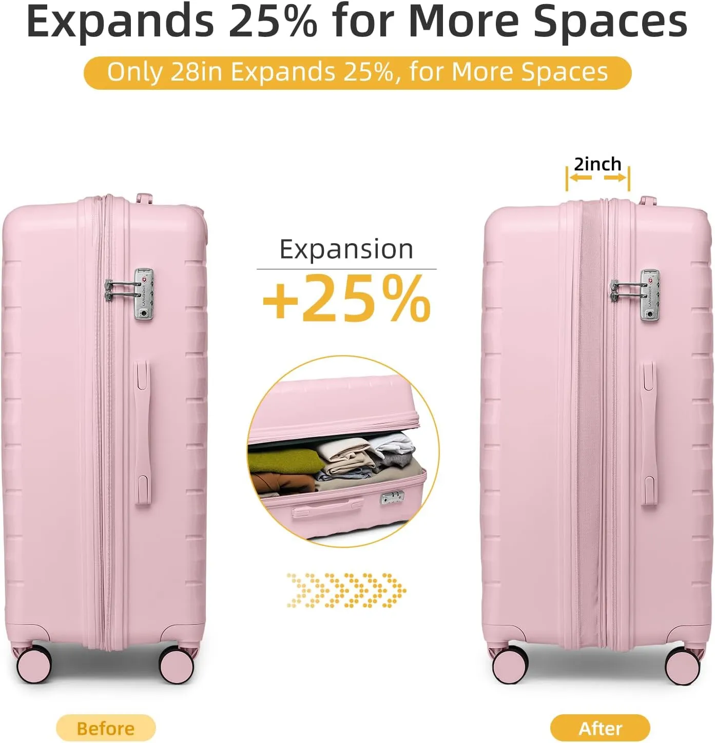 LARVENDER Luggage Sets 5 Piece with Duffel Bag Expandable(Only 28 inch) Hardside PP Carry On Luggage with 360 Spinner Wheels TSA Lock Luggage Sets for Women, Orchid Pink