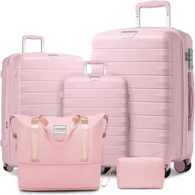 LARVENDER Luggage Sets 5 Piece with Duffel Bag Expandable(Only 28 inch) Hardside PP Carry On Luggage with 360 Spinner Wheels TSA Lock Luggage Sets for Women, Orchid Pink