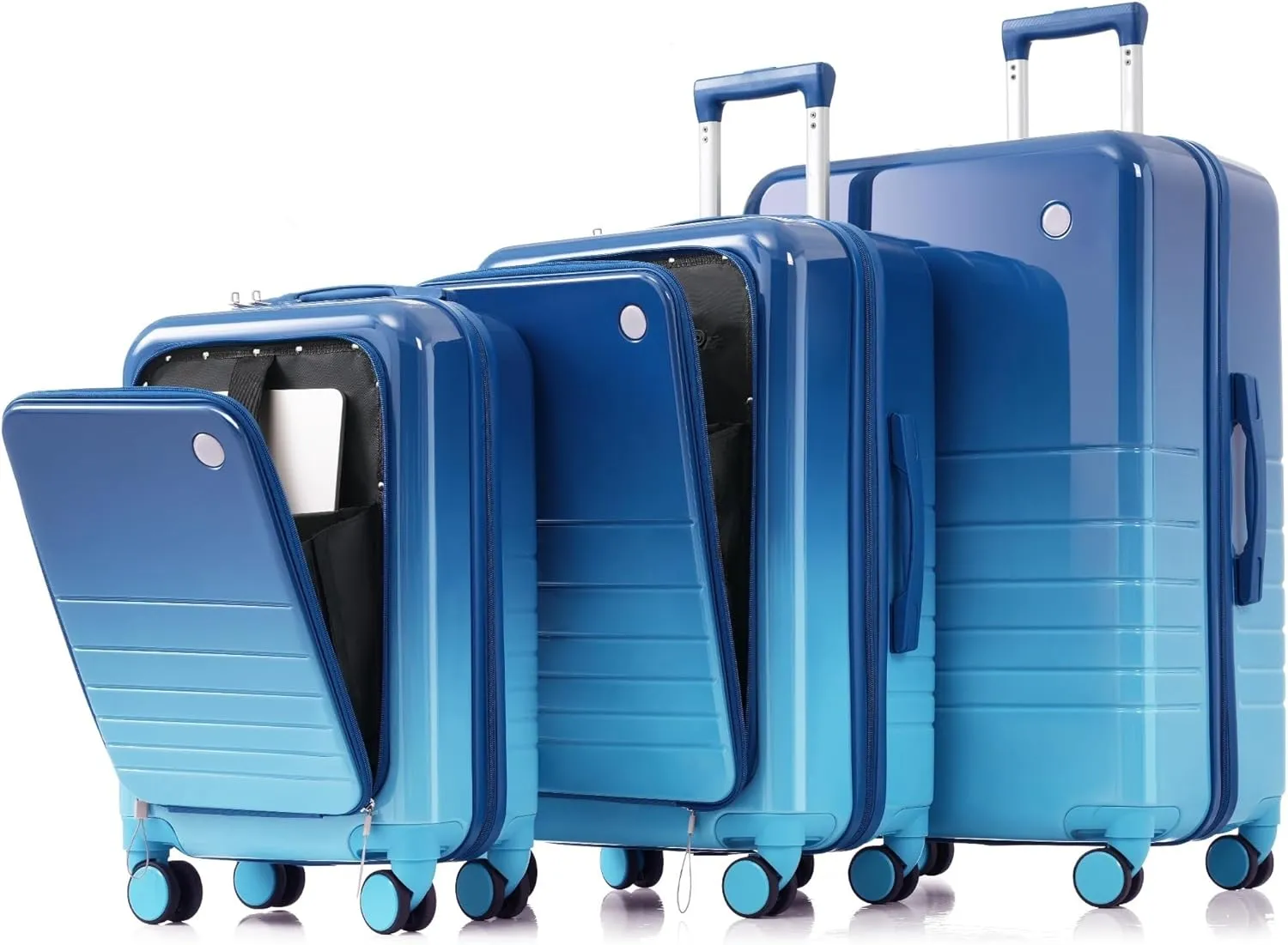 Luggage Set of 3 with USB Port, Front Opening Design for, Durable ABS PC Hard Shell, Spinner Wheels, Blue