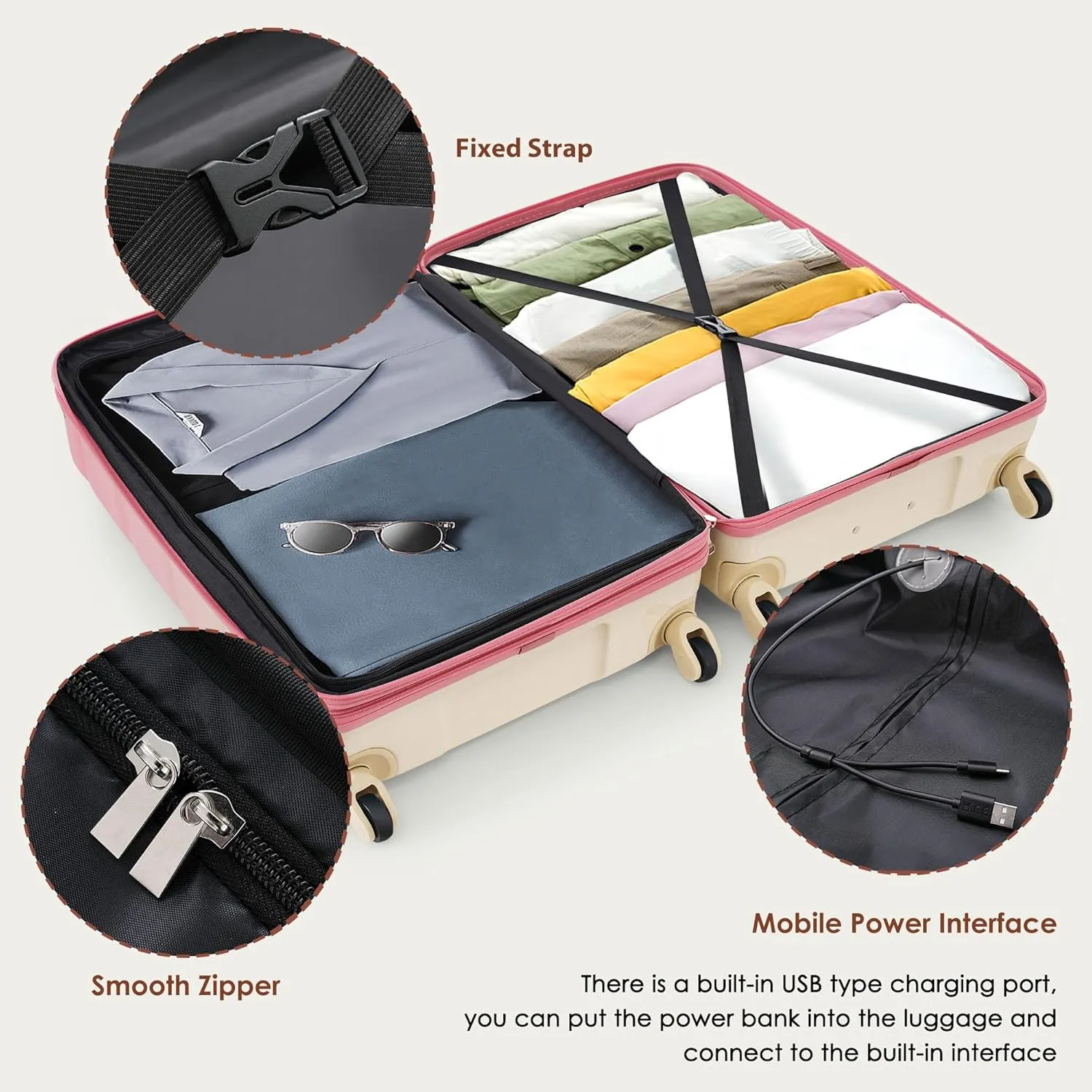 Merax Luggage Set of 3 with 20-inch Carry On USB Port Cup Holder ABS PC Hardshell Spinner Wheels TSA Approved Durable Expandable Suitcase for Travel Men Women (3, Gradient Pink, 20"  24"  28")