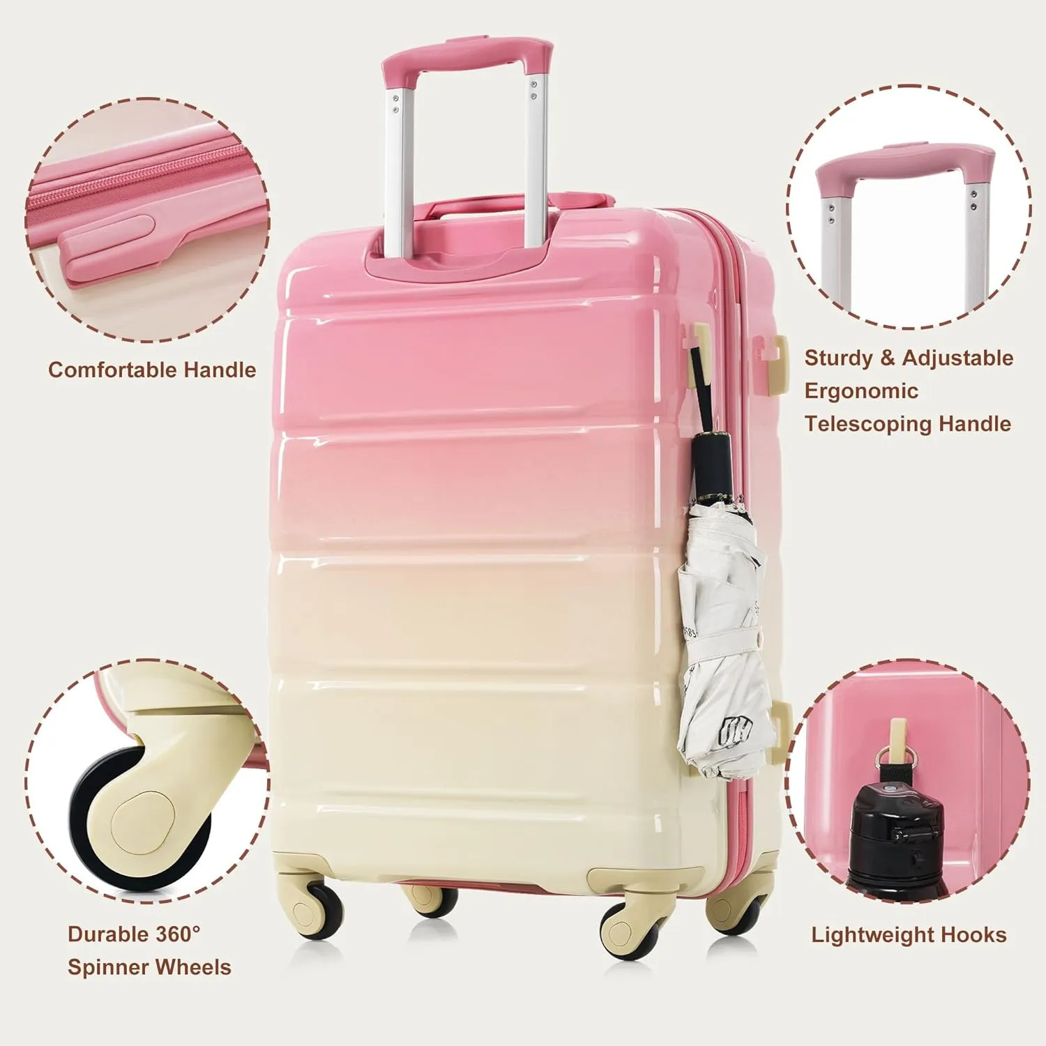 Merax Luggage Set of 3 with 20-inch Carry On USB Port Cup Holder ABS PC Hardshell Spinner Wheels TSA Approved Durable Expandable Suitcase for Travel Men Women (3, Gradient Pink, 20"  24"  28")