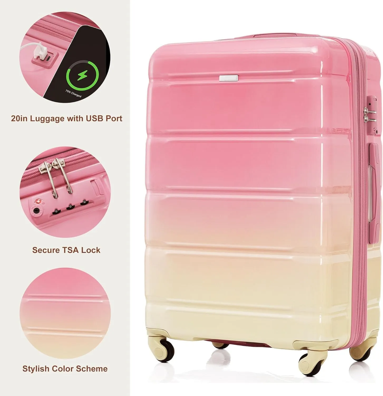 Merax Luggage Set of 3 with 20-inch Carry On USB Port Cup Holder ABS PC Hardshell Spinner Wheels TSA Approved Durable Expandable Suitcase for Travel Men Women (3, Gradient Pink, 20"  24"  28")