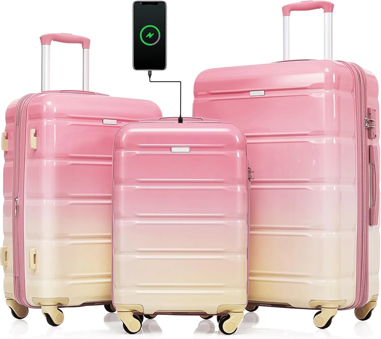 Merax Luggage Set of 3 with 20-inch Carry On USB Port Cup Holder ABS PC Hardshell Spinner Wheels TSA Approved Durable Expandable Suitcase for Travel Men Women (3, Gradient Pink, 20"  24"  28")