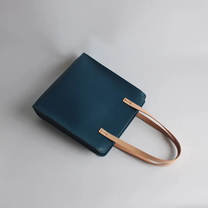 Minimalist Haze Blue Leather Shoulder Tote Bags Purse for Women