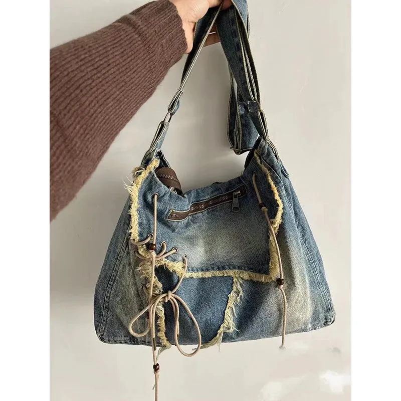 Mqtime Vintage Denim Washed Messenger Bag Women Casual Brushed Tassel Shoulder Bag Woman Designer Large Capacity Shopping Messenger Bag