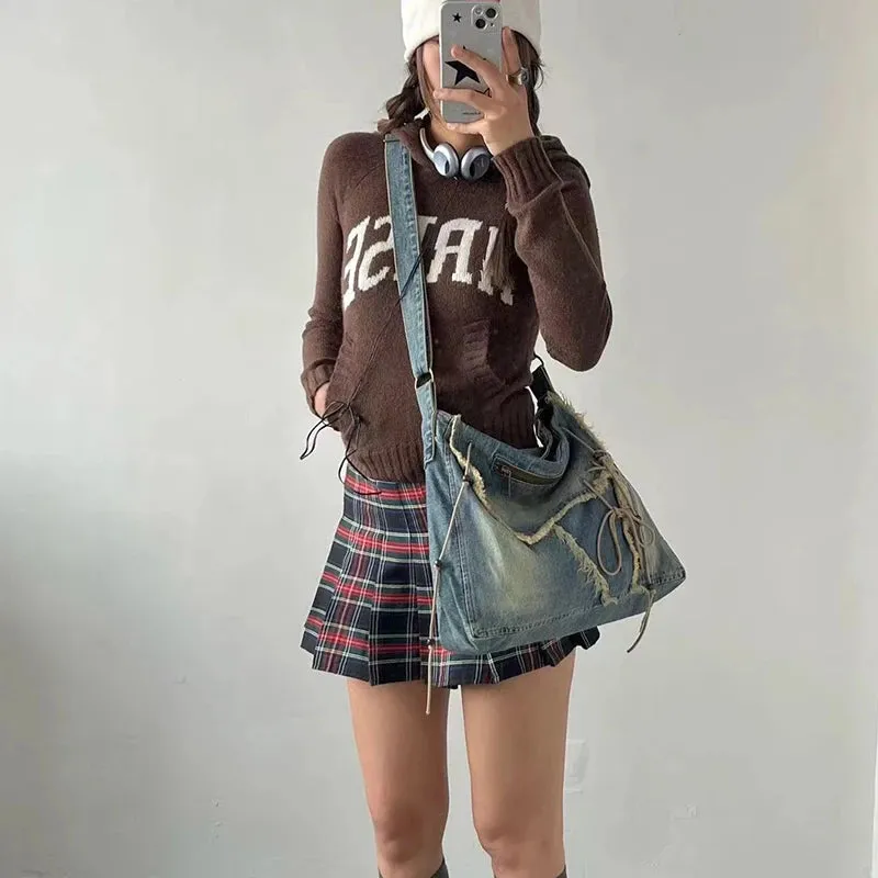 Mqtime Vintage Denim Washed Messenger Bag Women Casual Brushed Tassel Shoulder Bag Woman Designer Large Capacity Shopping Messenger Bag