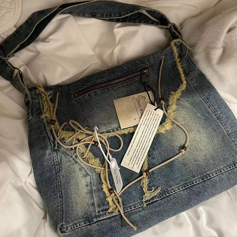 Mqtime Vintage Denim Washed Messenger Bag Women Casual Brushed Tassel Shoulder Bag Woman Designer Large Capacity Shopping Messenger Bag