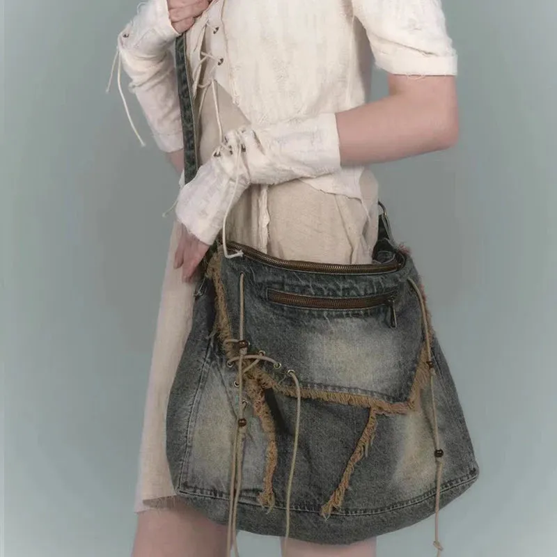 Mqtime Vintage Denim Washed Messenger Bag Women Casual Brushed Tassel Shoulder Bag Woman Designer Large Capacity Shopping Messenger Bag