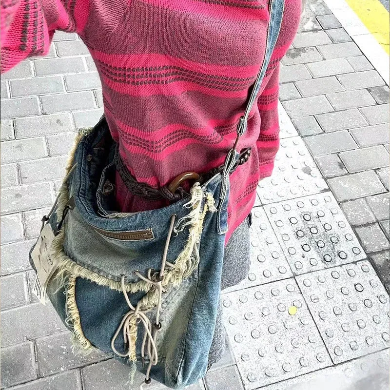 Mqtime Vintage Denim Washed Messenger Bag Women Casual Brushed Tassel Shoulder Bag Woman Designer Large Capacity Shopping Messenger Bag