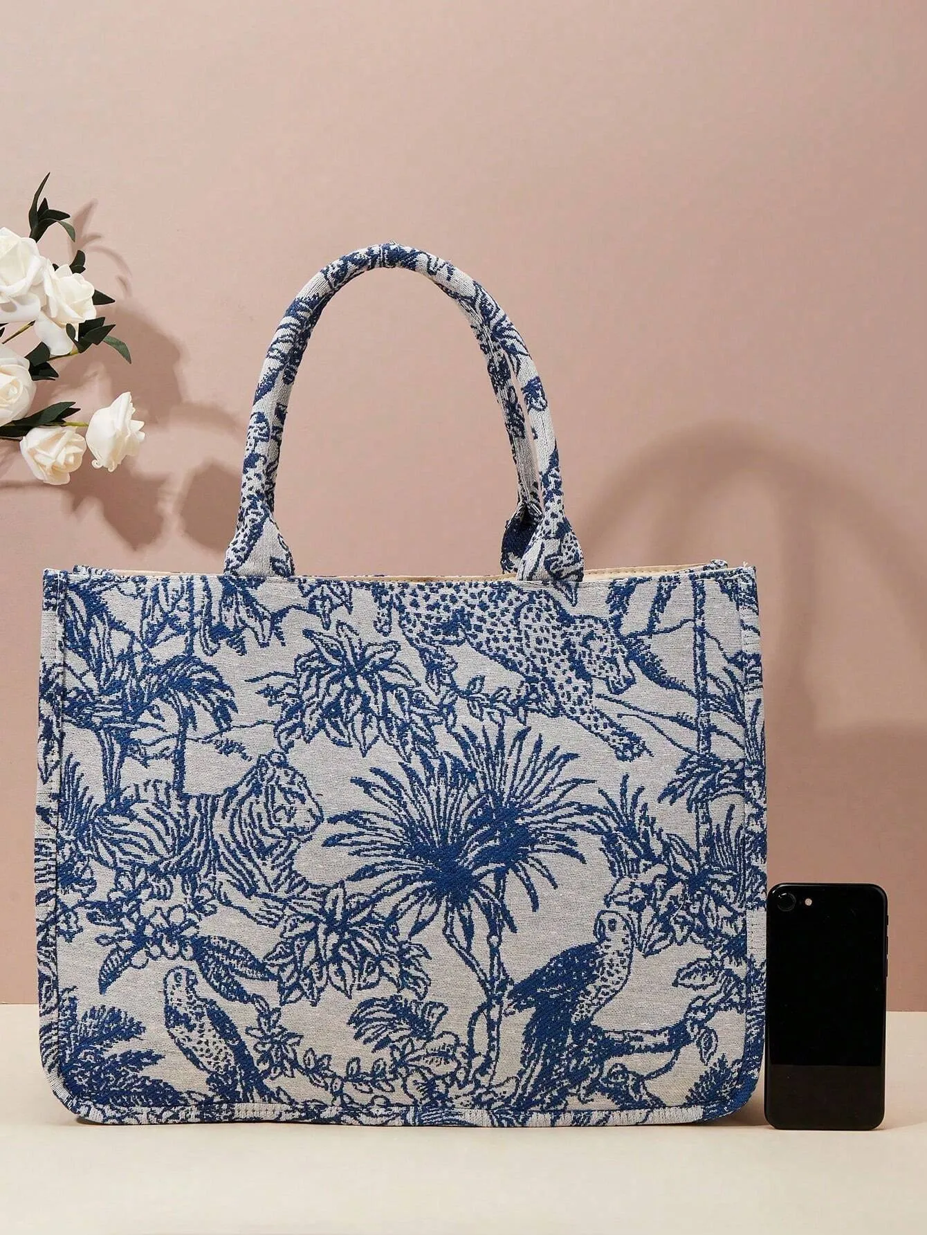 SHEIN Spring New Embroidered Jacquard Large Capacity Handbag Shoulder Bag (Pattern Random)