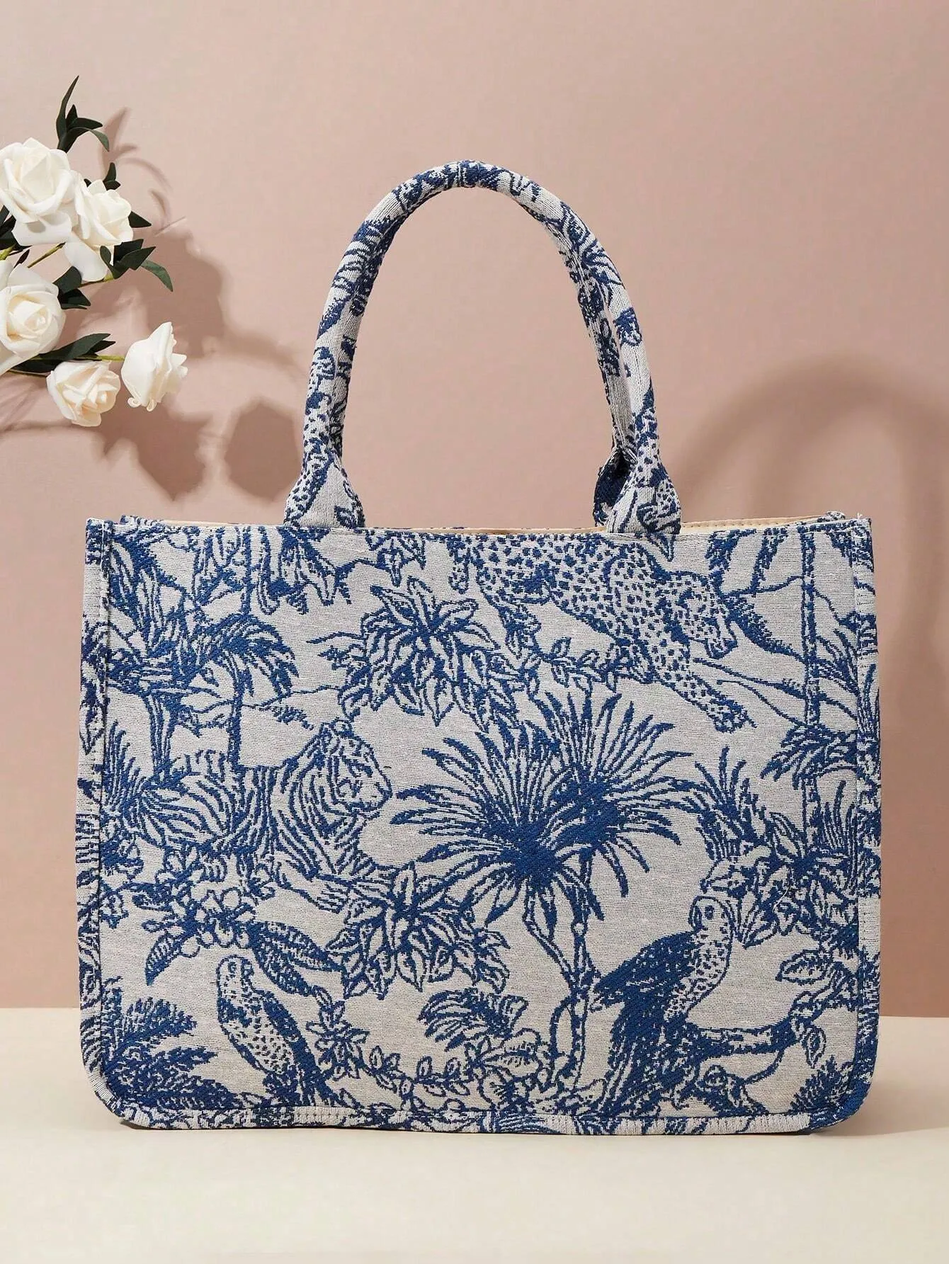 SHEIN Spring New Embroidered Jacquard Large Capacity Handbag Shoulder Bag (Pattern Random)