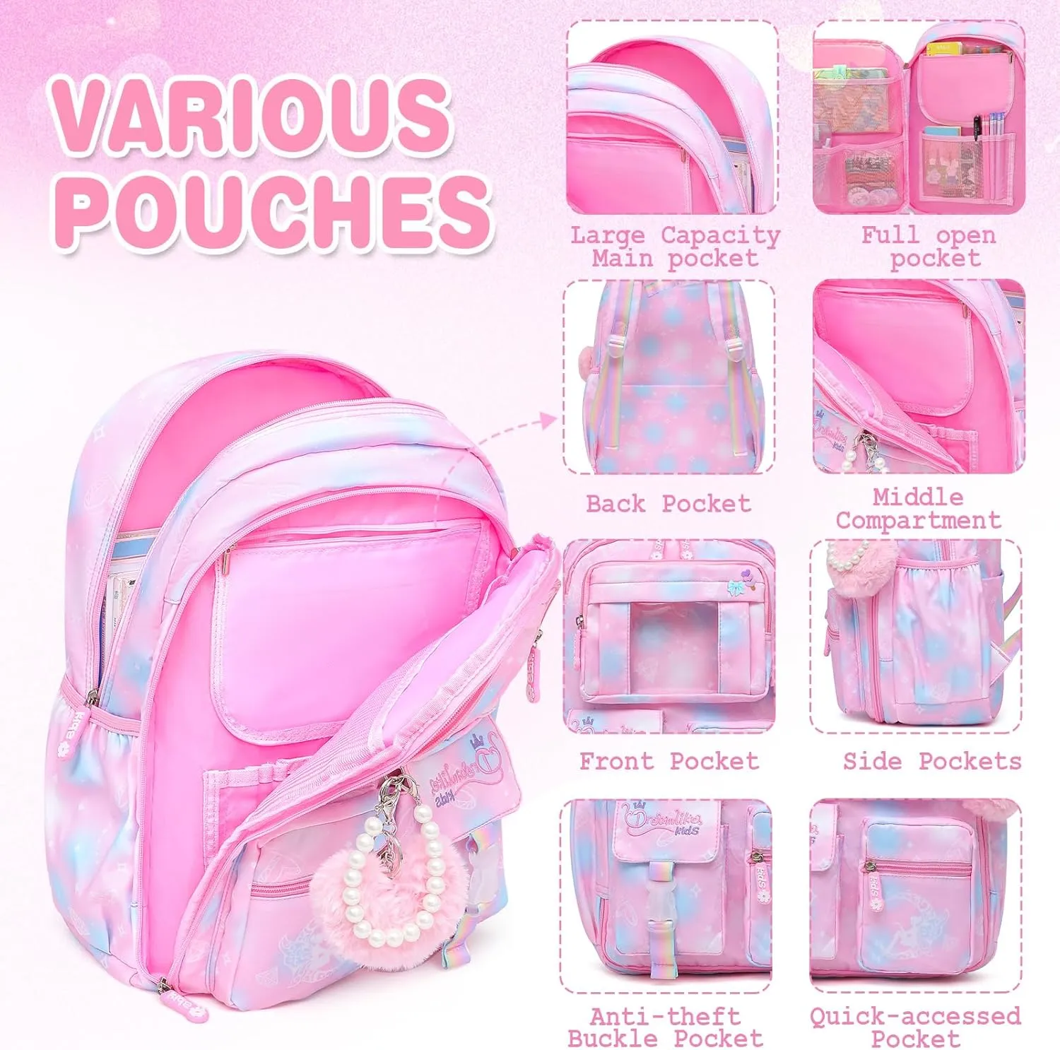 Sweet Girls Backpack - Stylish Splash-resistant School Bag with Multiple Pockets & Trendy Laptop Compartment（17inch Pink）