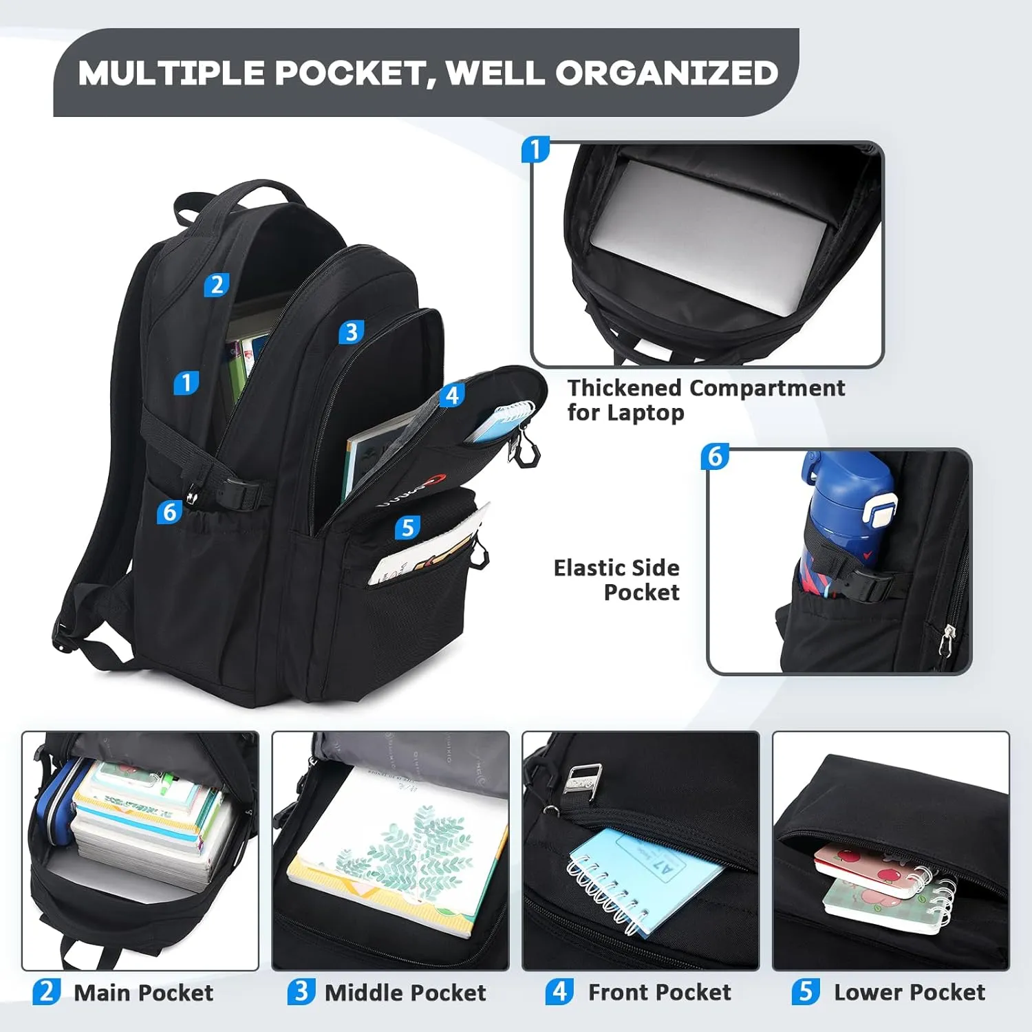 Trendy Casual Backpack with Solid Color, Water Resistence School backpack for Girls/Boys, Teen Bookbag for Women/Men, Black