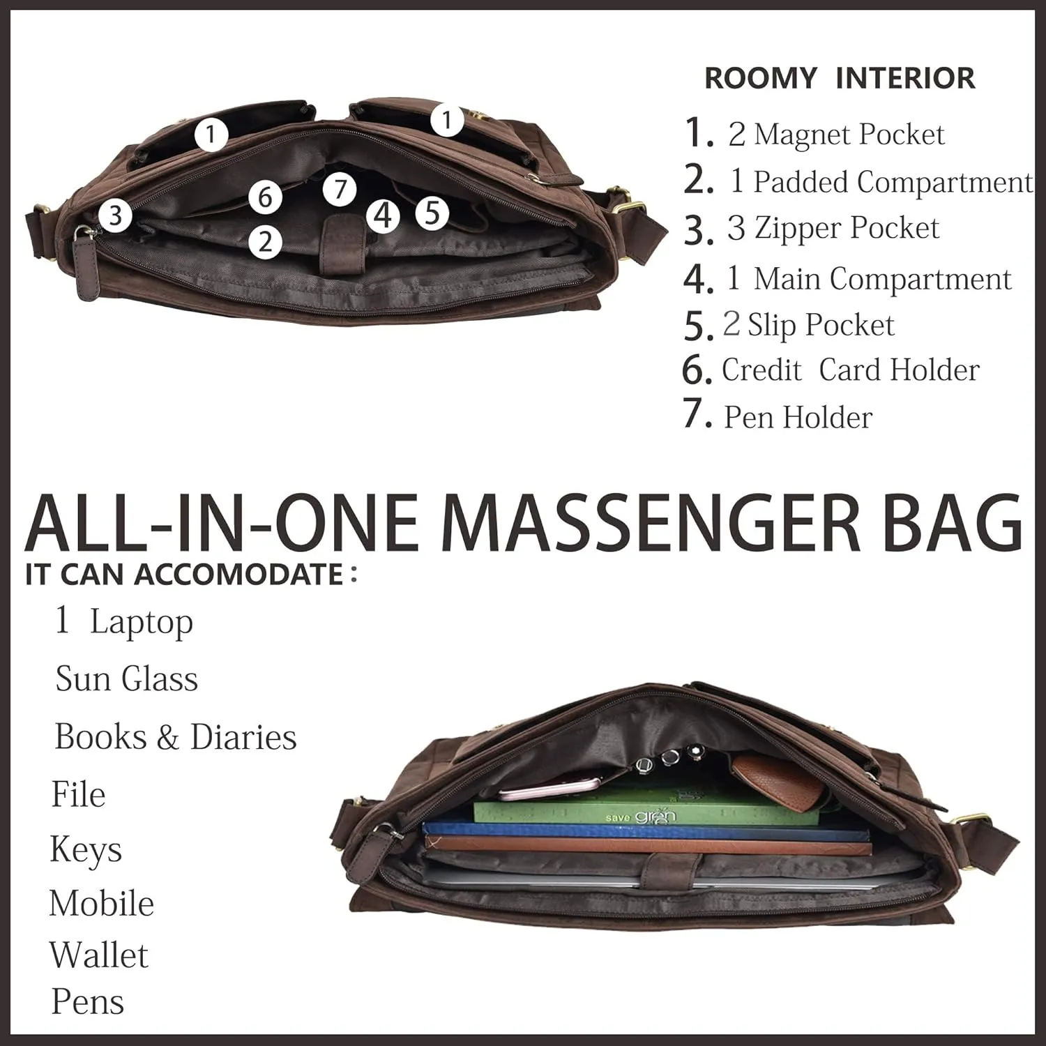VALENCHI Leather Messenger Bag For Men - Laptop Messenger Briefcase & Shoulder Bag-Office, Work, Travel