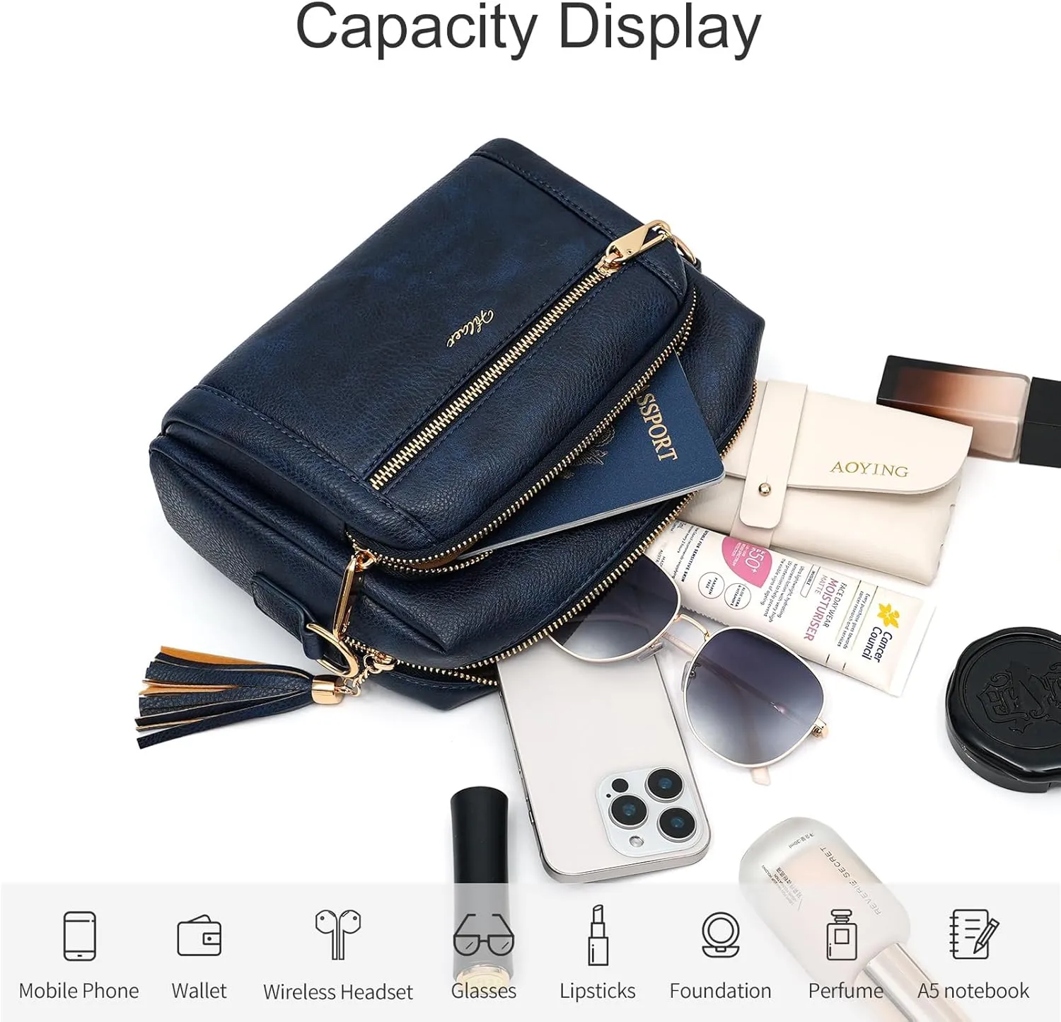 Women's Crossbody Bag Leather Shoulder Handbags with Wide Strap Small Anti-thief Purse