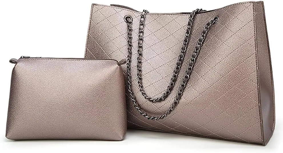 Womens Trendy Vegan Leather Shoulder Bag Large Chain Tote Purses Ladies Commuting Handbags Satchels 2pcs