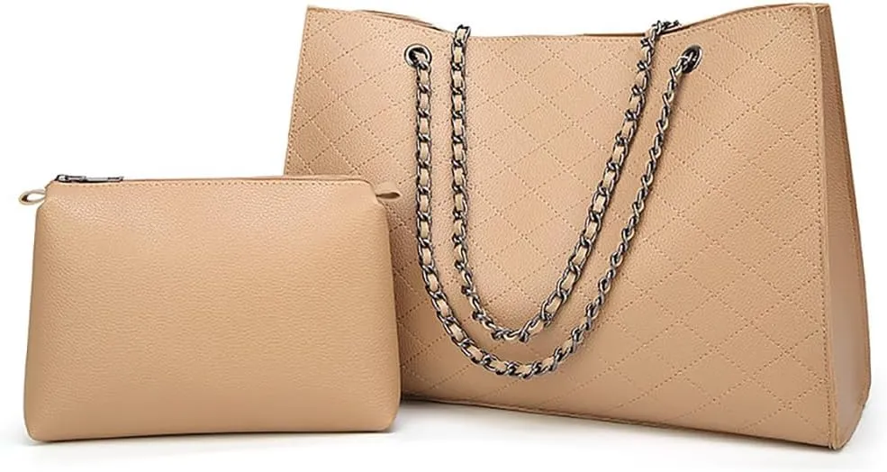 Womens Trendy Vegan Leather Shoulder Bag Large Chain Tote Purses Ladies Commuting Handbags Satchels 2pcs